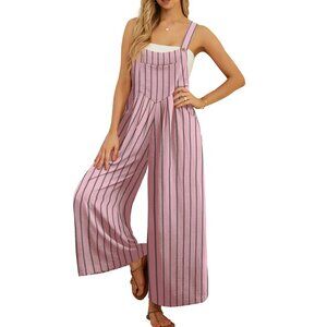 NWT Pink Grey Striped Wide Leg Overalls, Chic, Pockets, 3 Button Adjust Straps